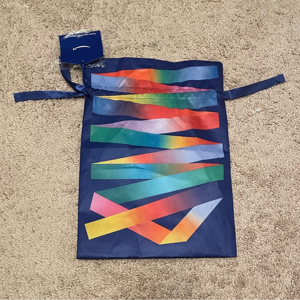 EUC Amazon Multicolor Reusable Gift Bag with Blue satin-like Drawstring Strap